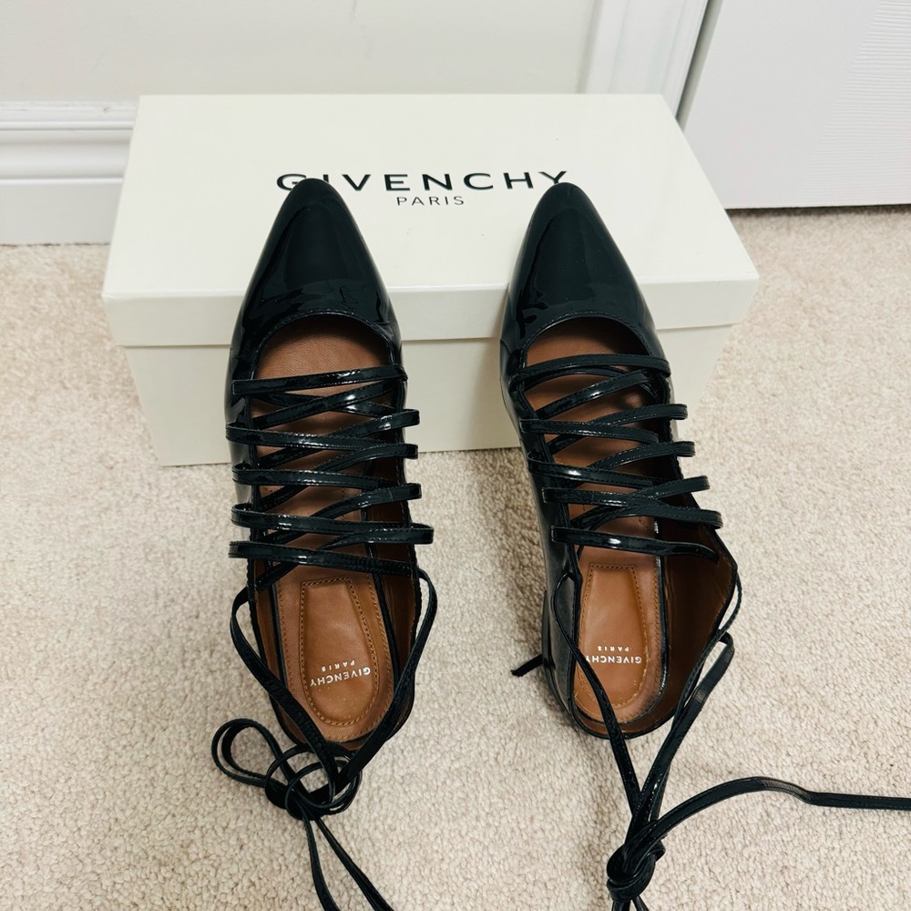 Givenchy Black Patent Leather Lace Up Backless Flat Mule Sandals